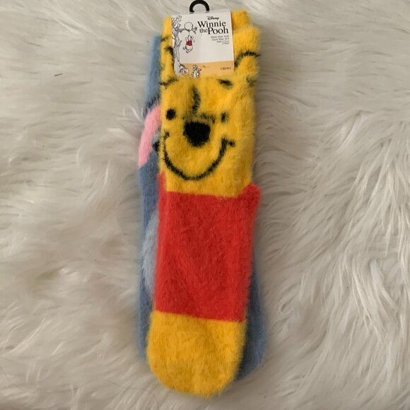 DISNEY Winnie the Pooh & Eeyore Fuzzy Crew Socks (2) PAIRS Sock Size 9-11 - Picture 1 of 4